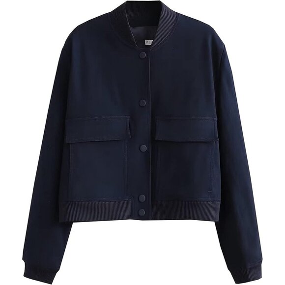 Women Dark blue Cropped Bomber Jacket Button Down Varsity Shacket with Pockets - Picture 5 of 5
